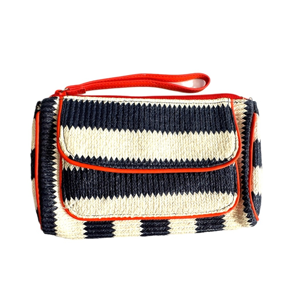 Vera Bradley Navy Blue & White Striped Straw Wristlet Wallet Clutch Red Trim